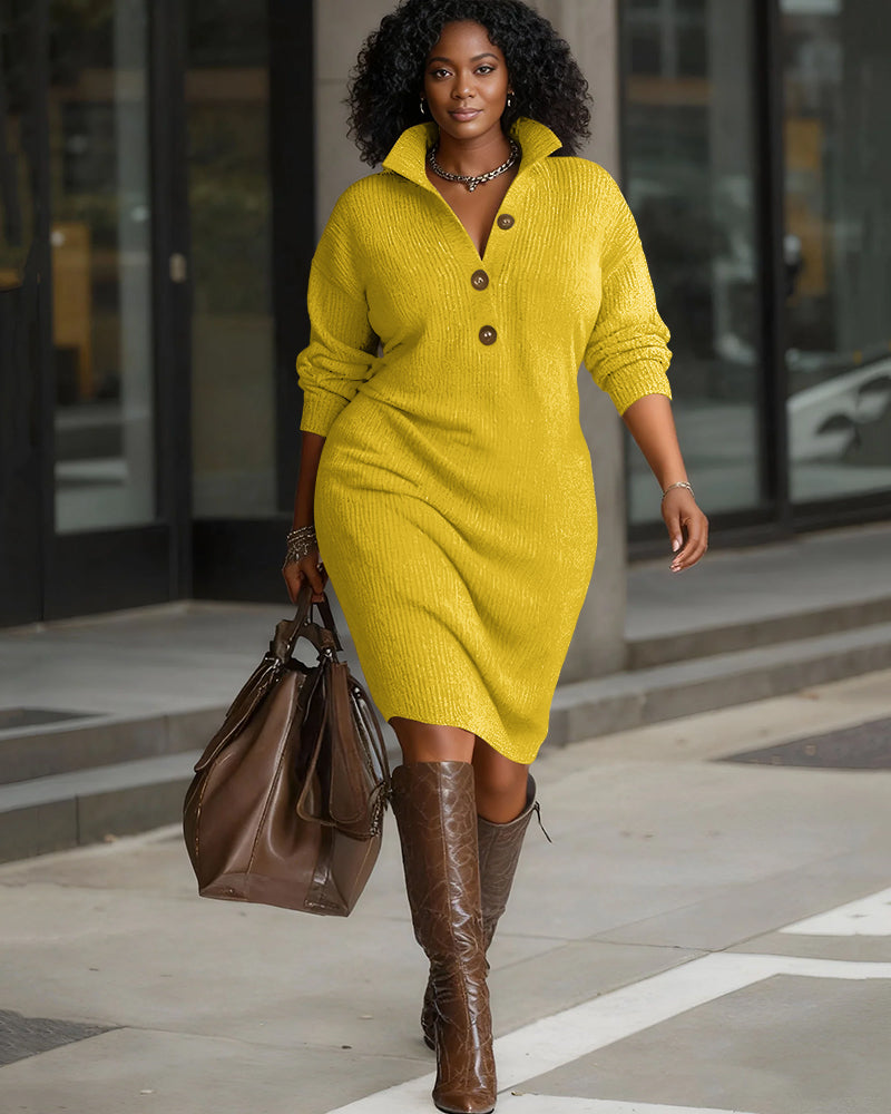 Urban Cozy Buttoned Shawl Collar Sweater Midi Dress