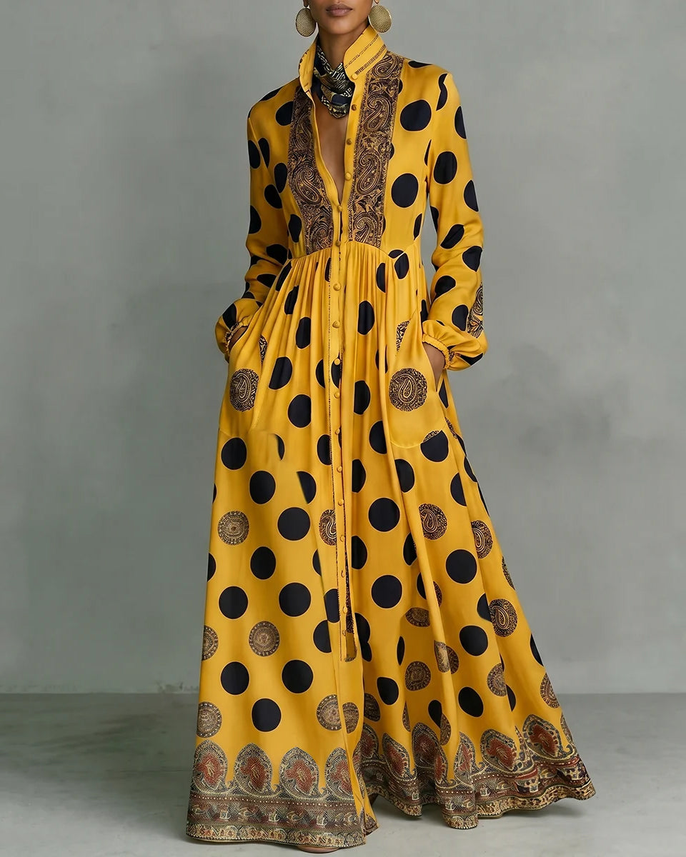 High Waisted Long Sleeves Big Hemline Buttoned Contrast Color Pleated Pockets Polka-Dot Stand Collar Maxi Dresses
