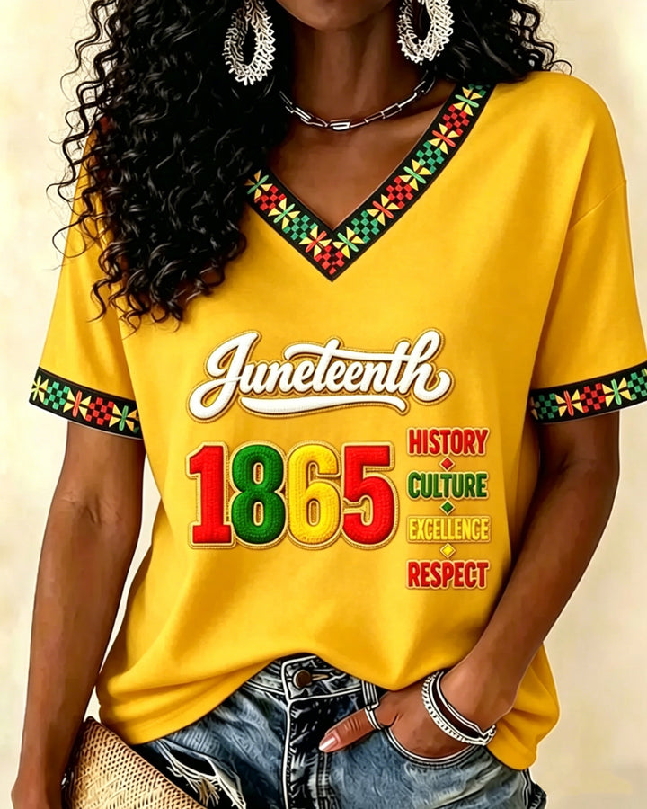 Juneteenth Remember The Past Print V-neck Short Sleeve Tshirt