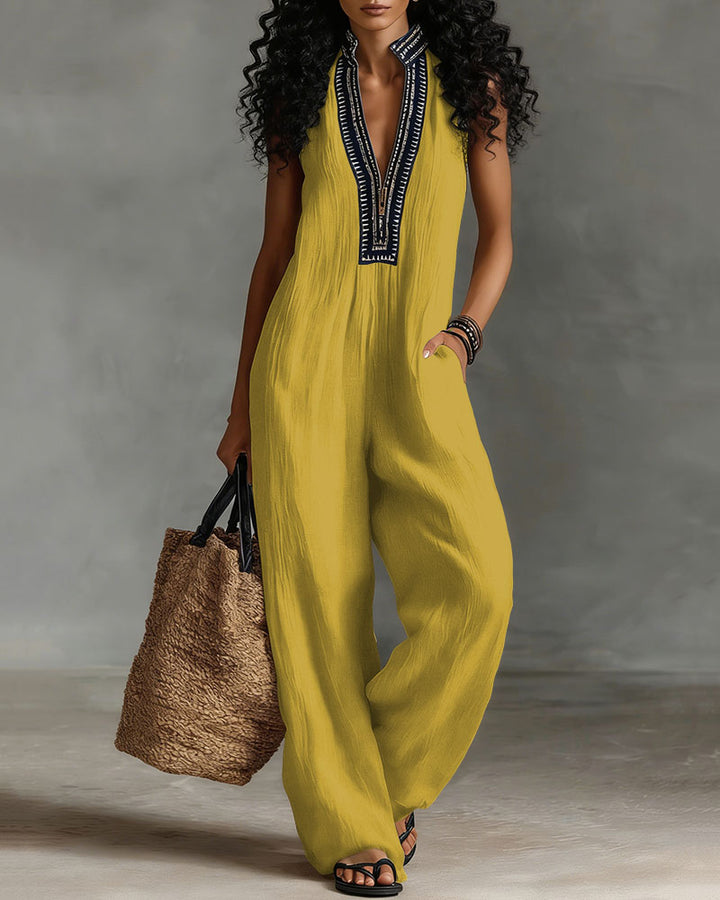 Women's Minimalist Linen Blend Sleeveless Jumpsuit With Zipper And Stand Collar