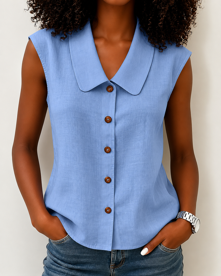 Simple Doll Collar Button Down Sleeveless Cotton Linen Shirt