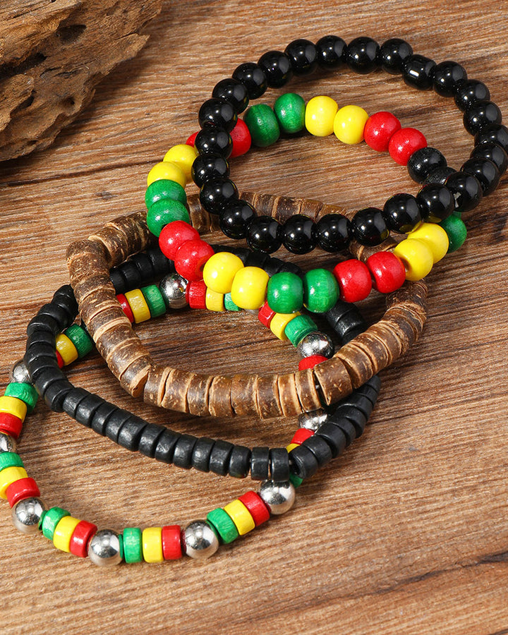 Reggae Color Wooden Beads and Coconut Shell Stretch Bracelet