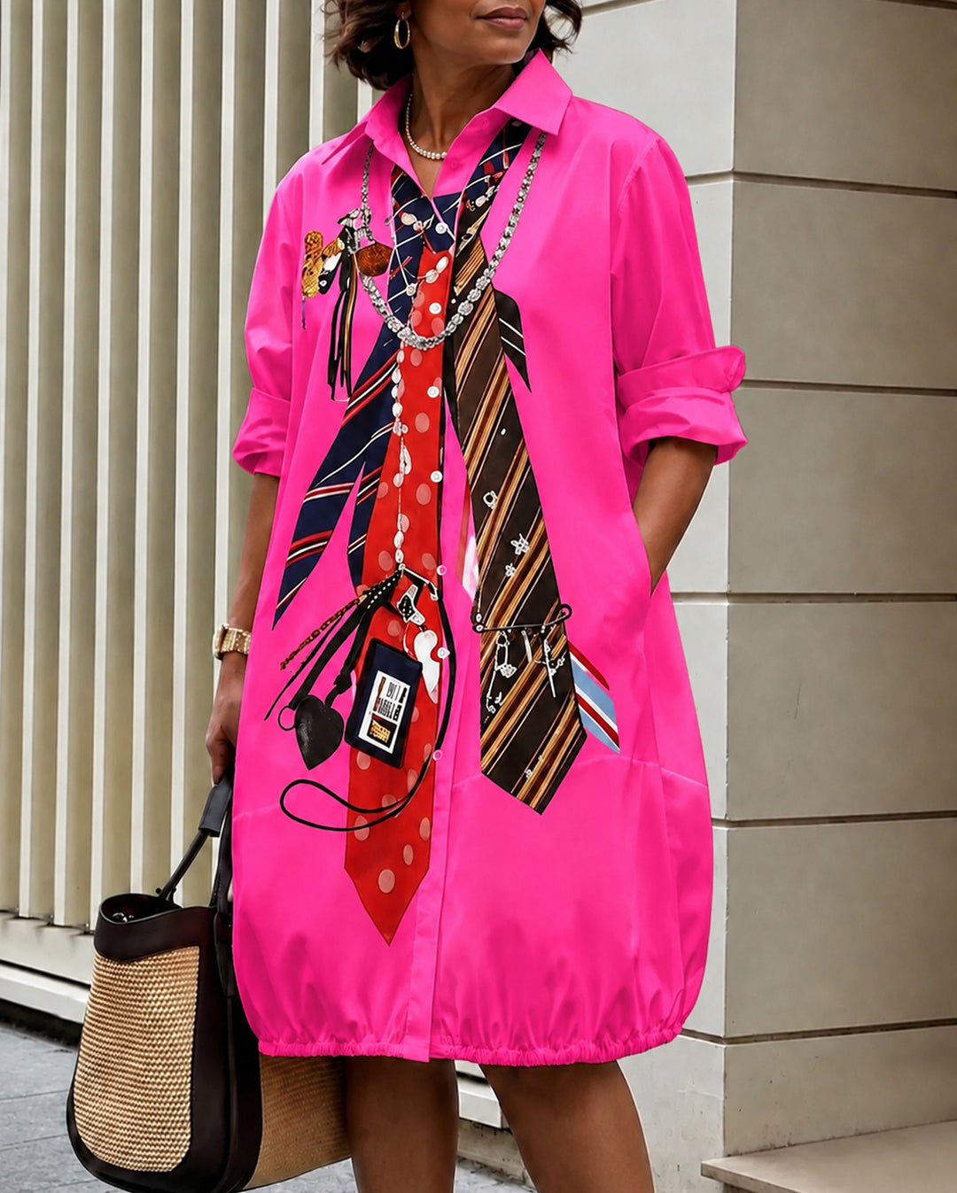 Long Sleeves Loose Buttoned Pockets Printed Lapel Midi Dresses