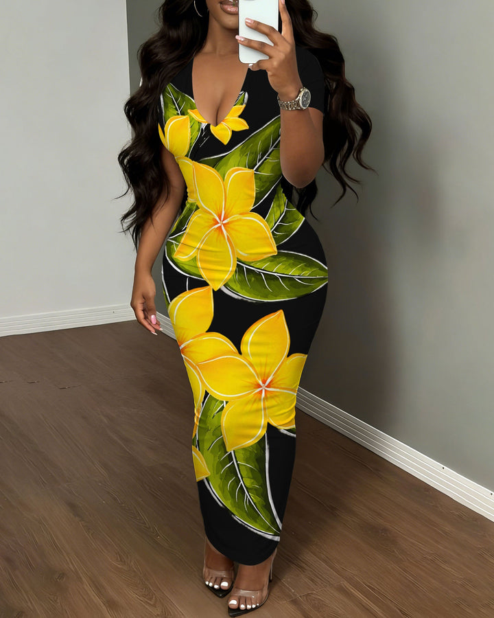 Women's V-neck Large Floral Print Hip Dress