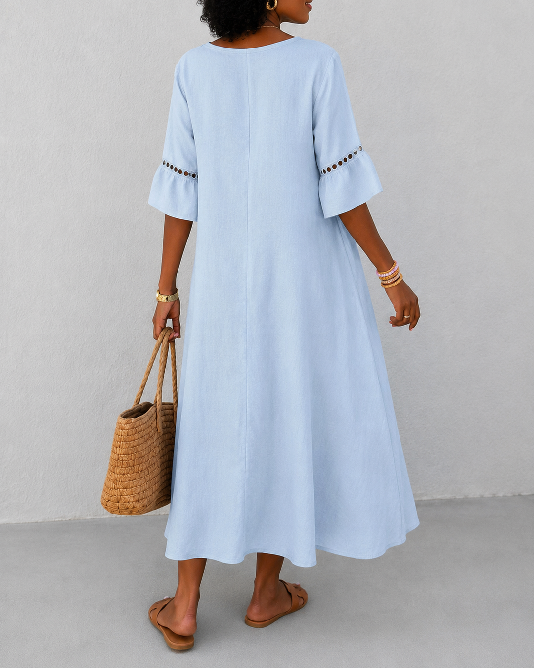 V-neck Solid Color Cotton and Linen Hollow-out Patchwork Dress