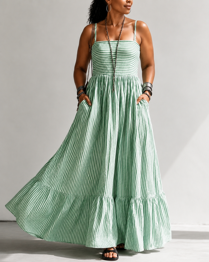 Casual Striped Print High-waisted Pocket Maxi Dress