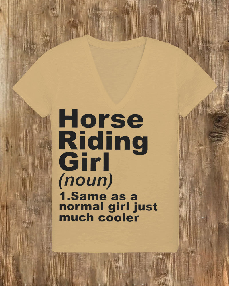 Horse Riding Girl V Neck Short Sleeve Cotton T-shirt