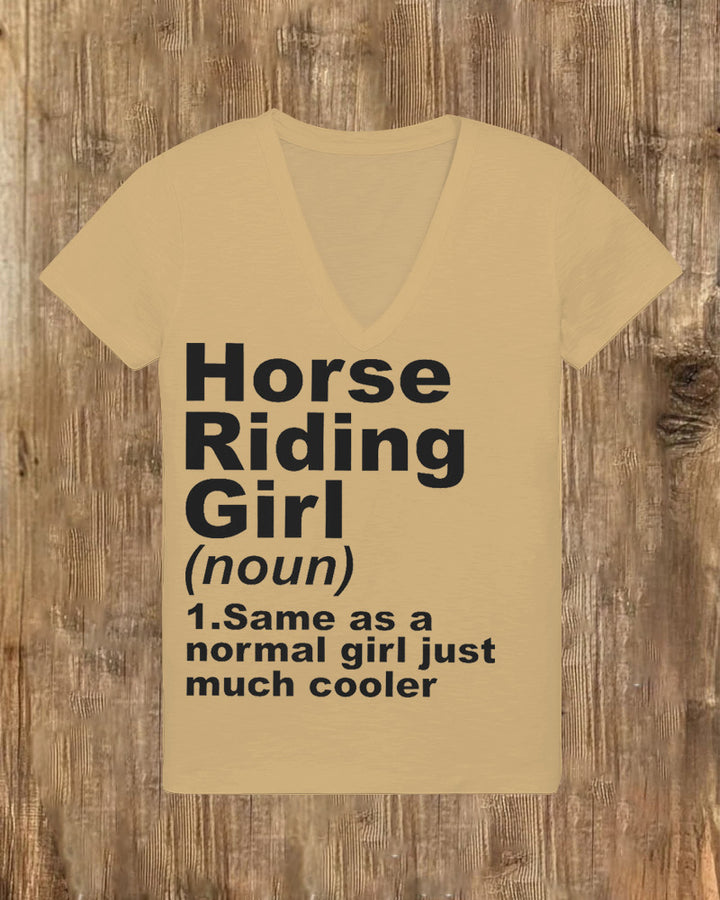 Horse Riding Girl V Neck Short Sleeve Cotton T-shirt