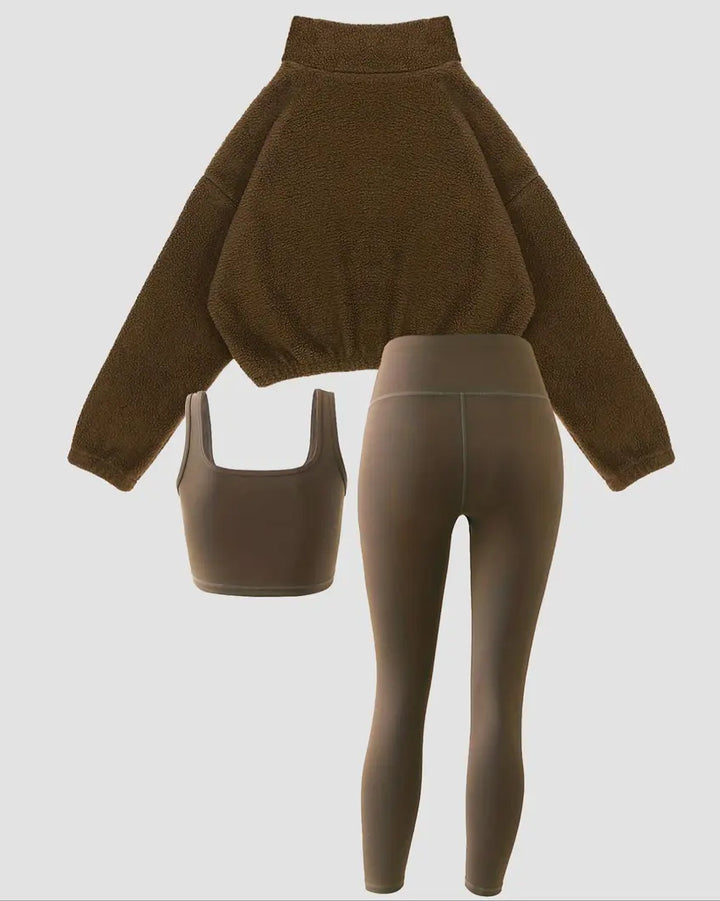 Women's Fleece-Lined Tracksuit Set, Cozy 3-Piece Outfits For Gym,Athleisure Wear Set