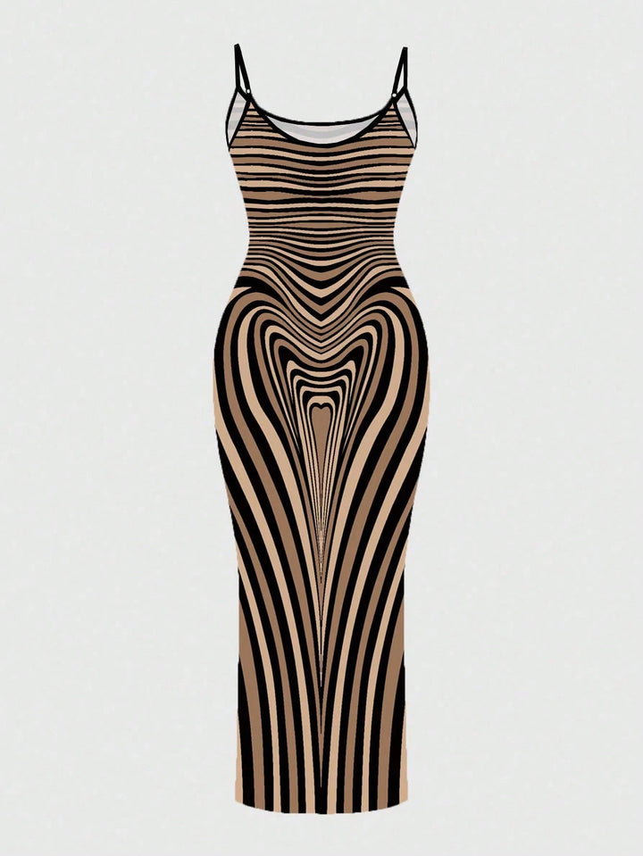 Sexy Color-blocked Wavy Stripes Print Spaghetti Strap Bodycon Maxi Dress