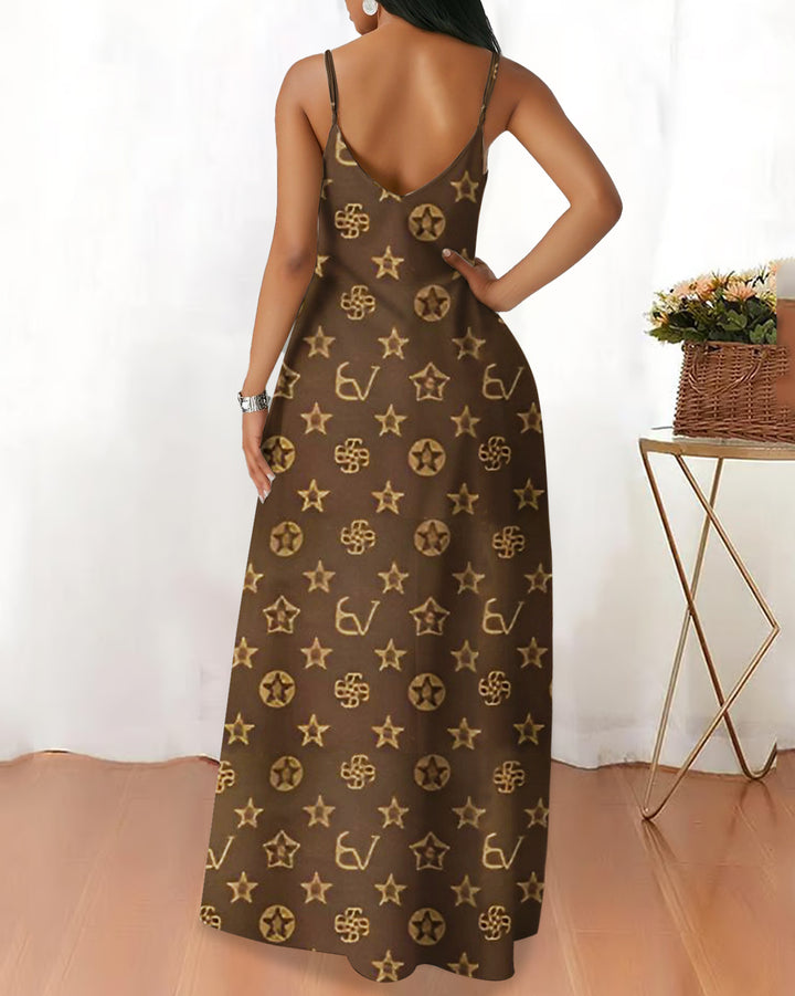 Sling Rose Gold Flowers Pocket Maxi Dress