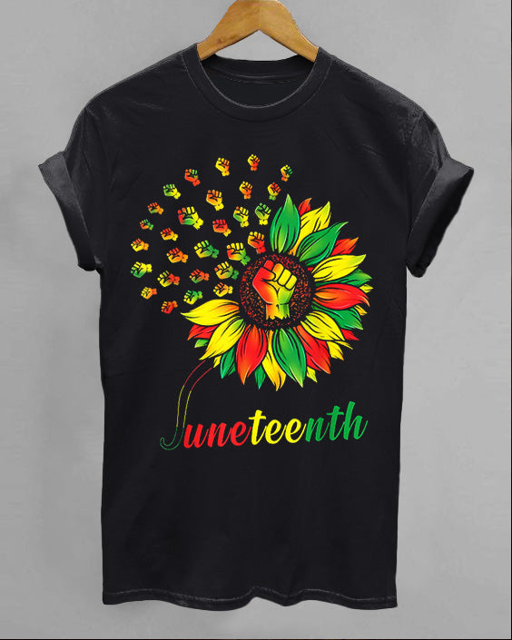 Black Juneteenth Sunflower Contrast Print Crew Neck T-shirt