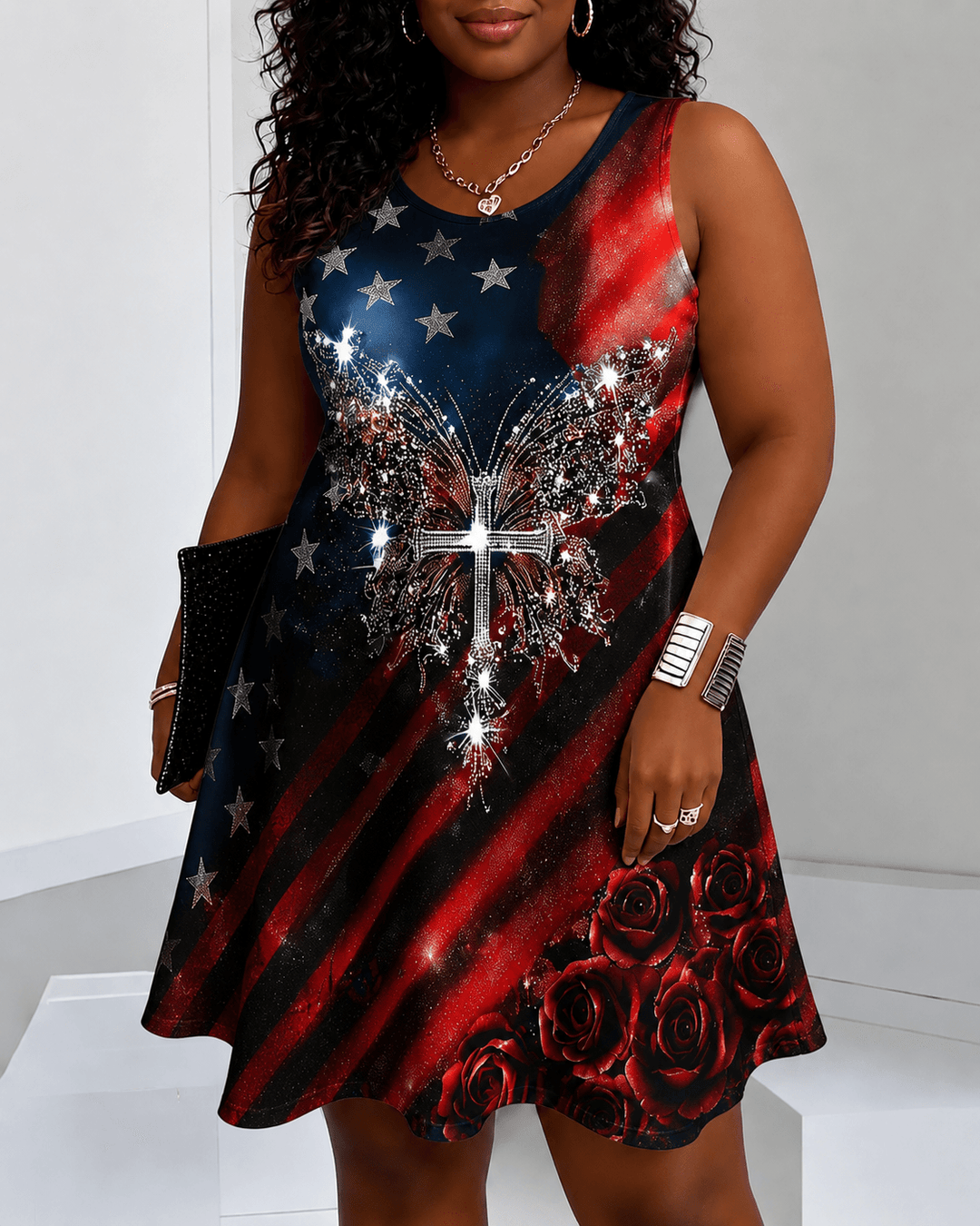 Flag Rose Cross Butterfly Rhinestone Print Round Neck Sleeveless Mini Casual Dress