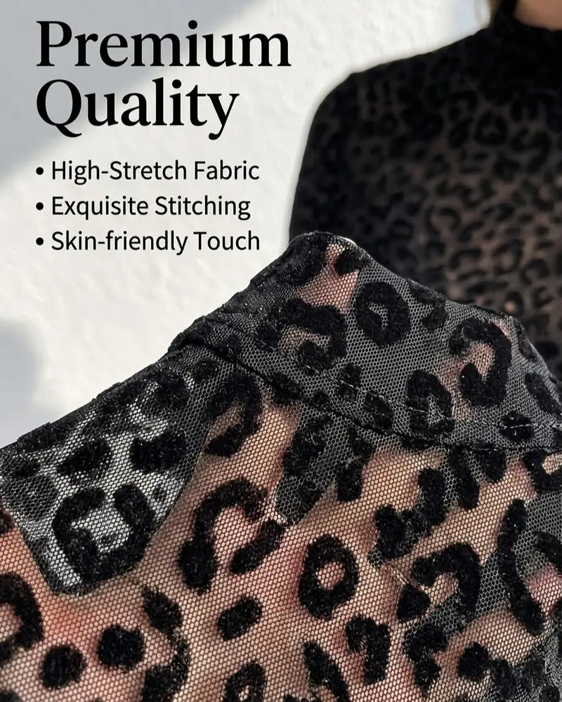 Sexy Leopard Print Crew Neck Long Sleeve Stretchy Fitted Basic Top