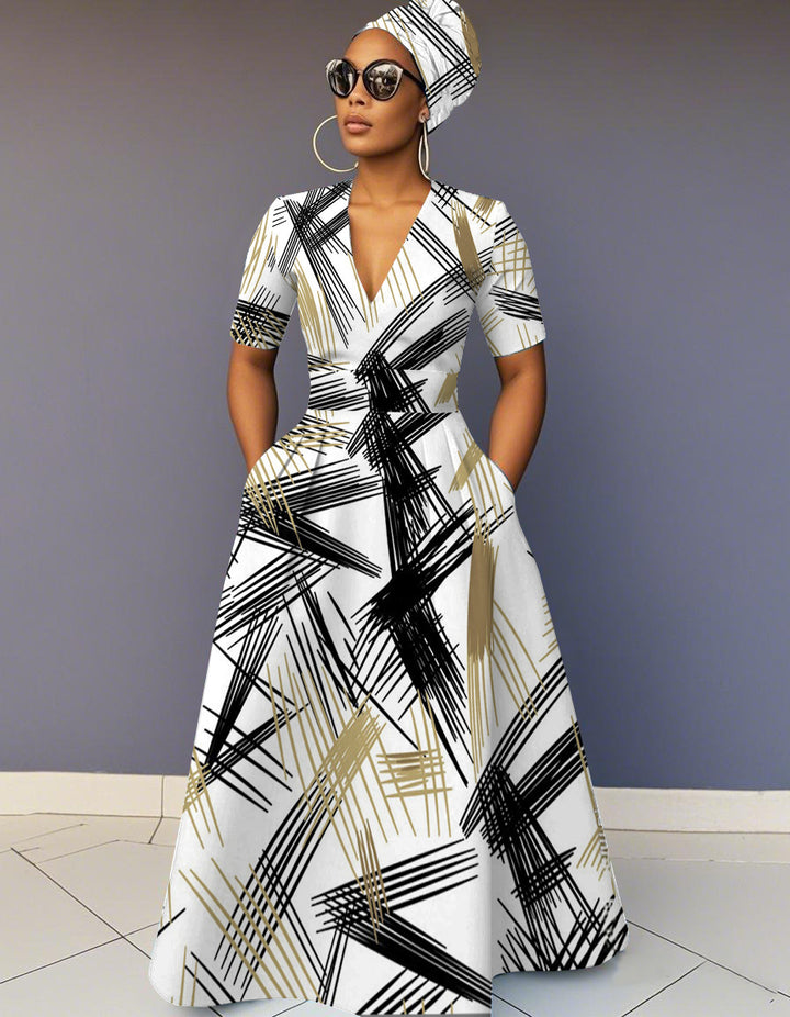 V-Neck Color-blocked Stripe Art Pocket Short-Sleeved Maxi Dress
