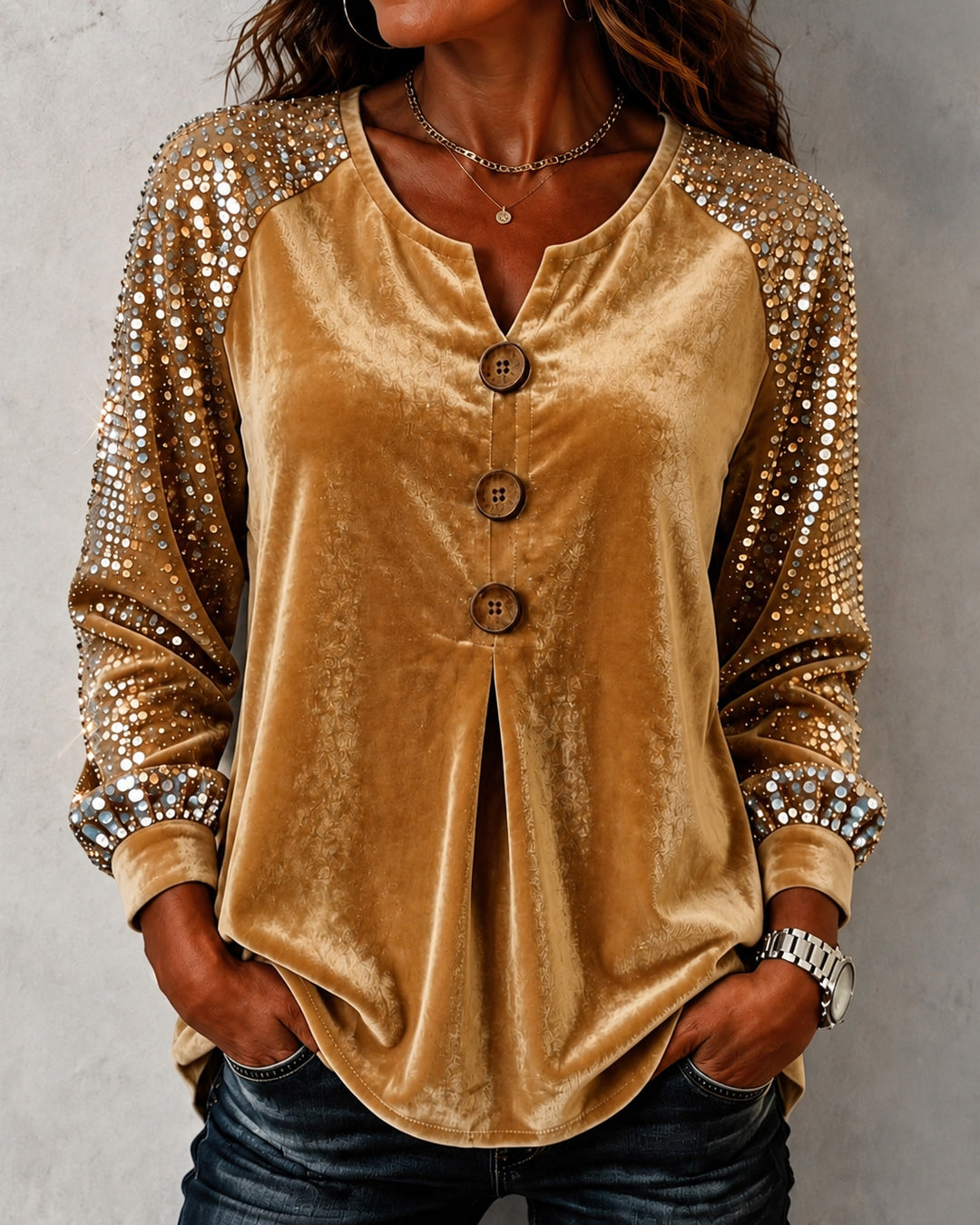 Velvet Sequin Raglan Long Sleeve Blouse