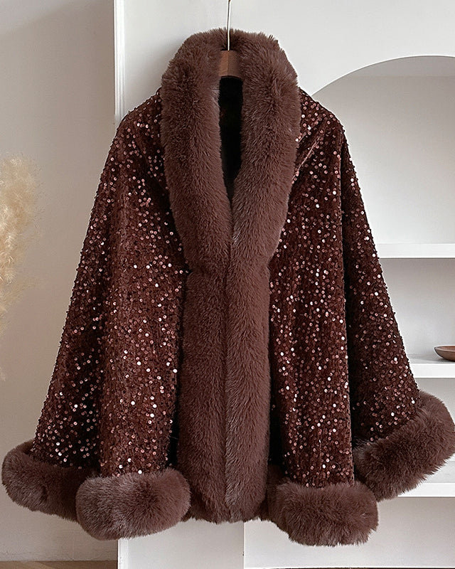 Sequined Fur-trimmed Cape-style Shawl Coat