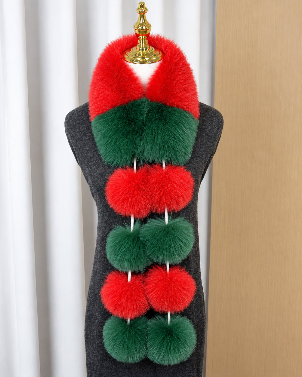 Women's Color Block Faux Fur Scarf with Pom Poms