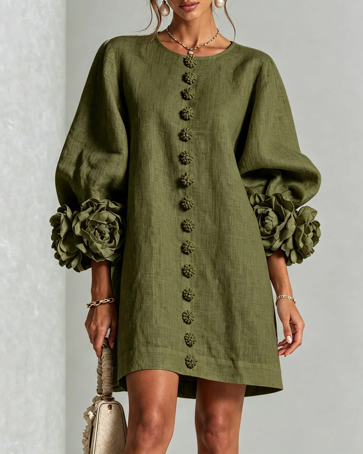Linen Blend Flowers Button Down Floral Cuffs Half Sleeve Mini Dress