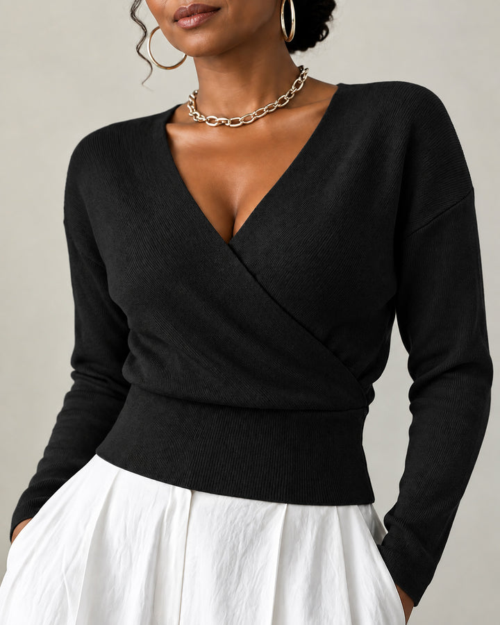 Women's Wrap V Neck Ribbed Knit Top