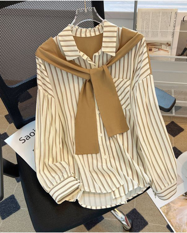Women's 2 in 1 Striped Button Down Shirt with Attached Tie Shawl