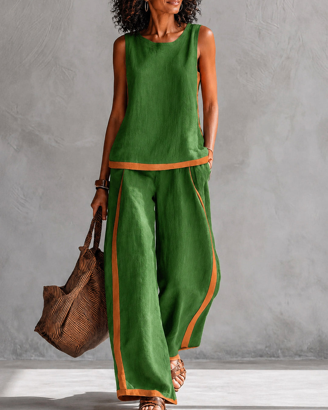 Simple Striped Crew Neck Sleeveless Top & Wide Leg Pants Two Piece Set