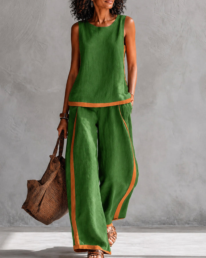 Simple Striped Crew Neck Sleeveless Top & Wide Leg Pants Two Piece Set