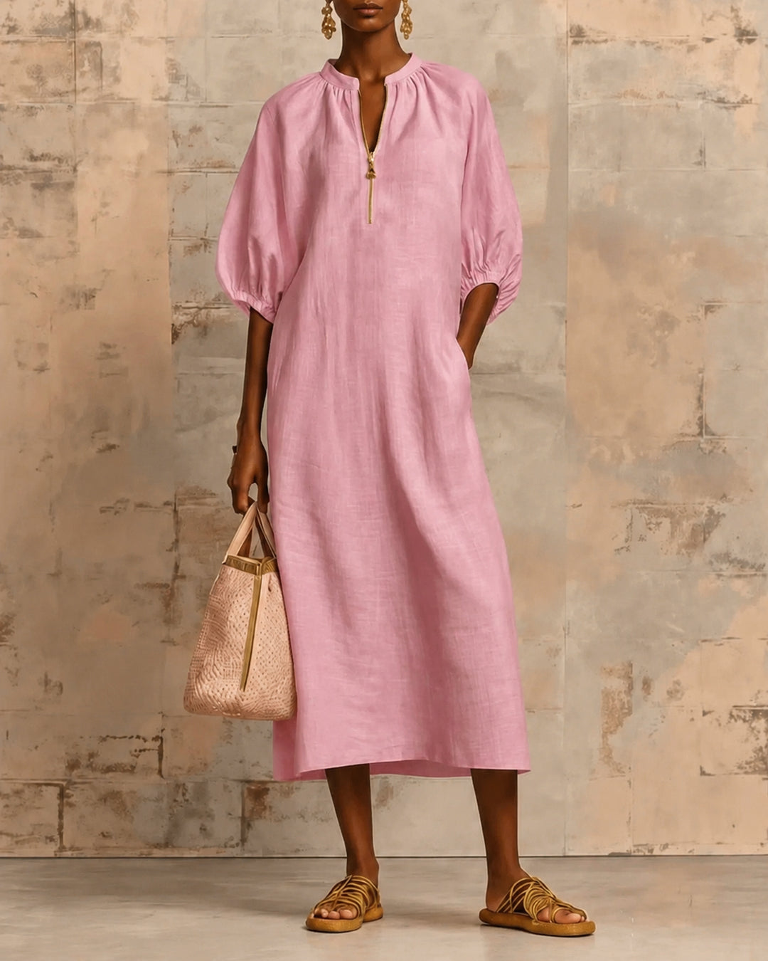 Solid Color Cotton and Linen Zipper Puff Sleeve Dress