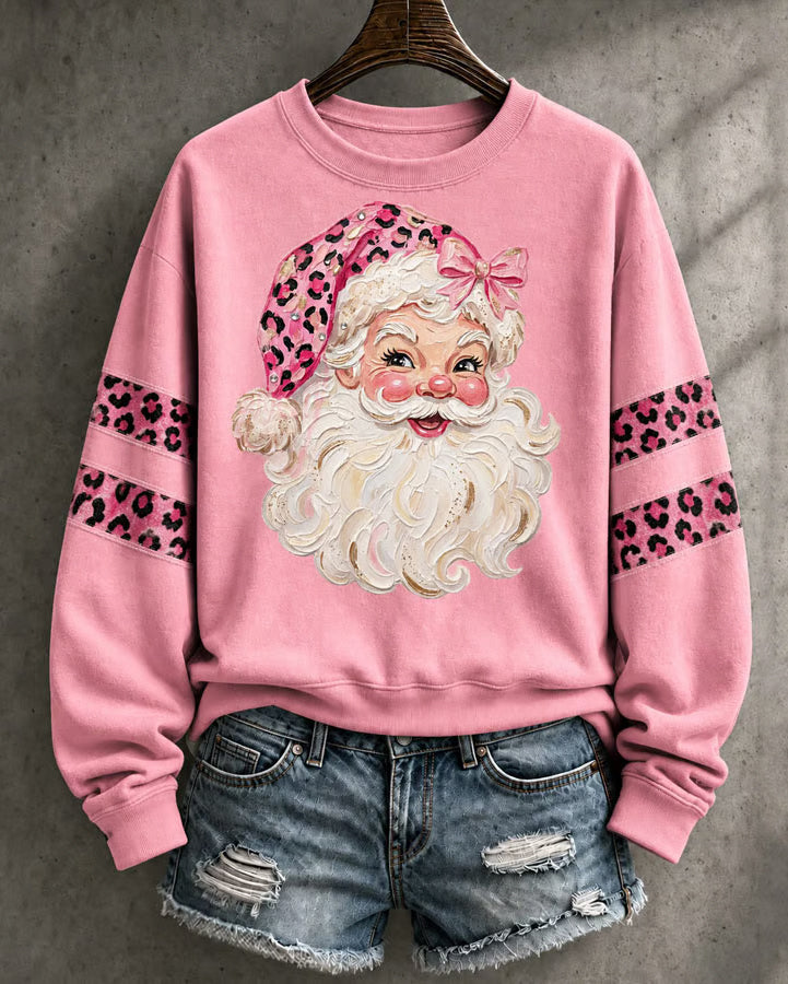 Women's Christmas Leopard-Print Santa Round Neck Sweatshirt