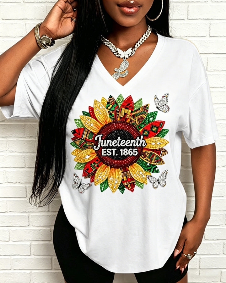 100% Cotton Juneteenth Est 1865 Rhinestone Sunflower V Neck Short Sleeve Tshirt