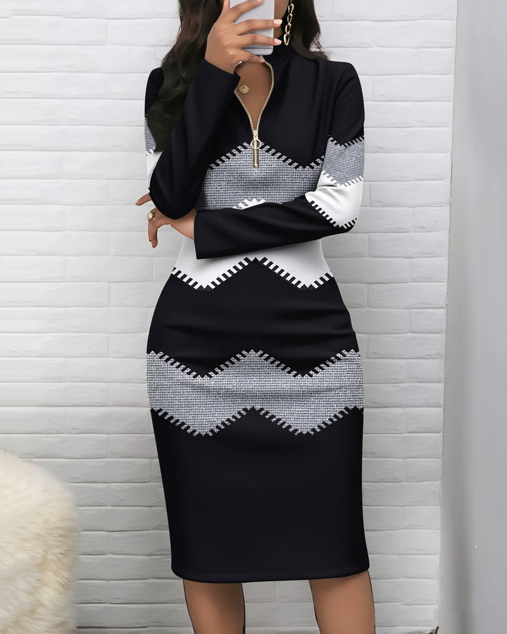 Contrasting Curved Stripes Zipper Stand Collar Long Sleeve Bodycon Dress