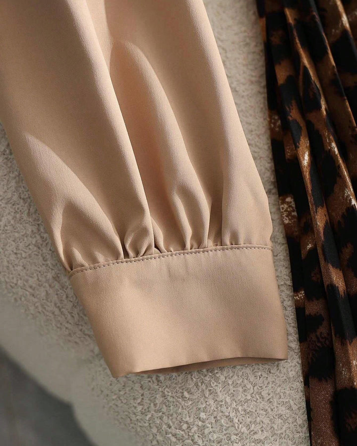 Leopard-print Long Sleeve Button Down Panel Pleated Midi Dress