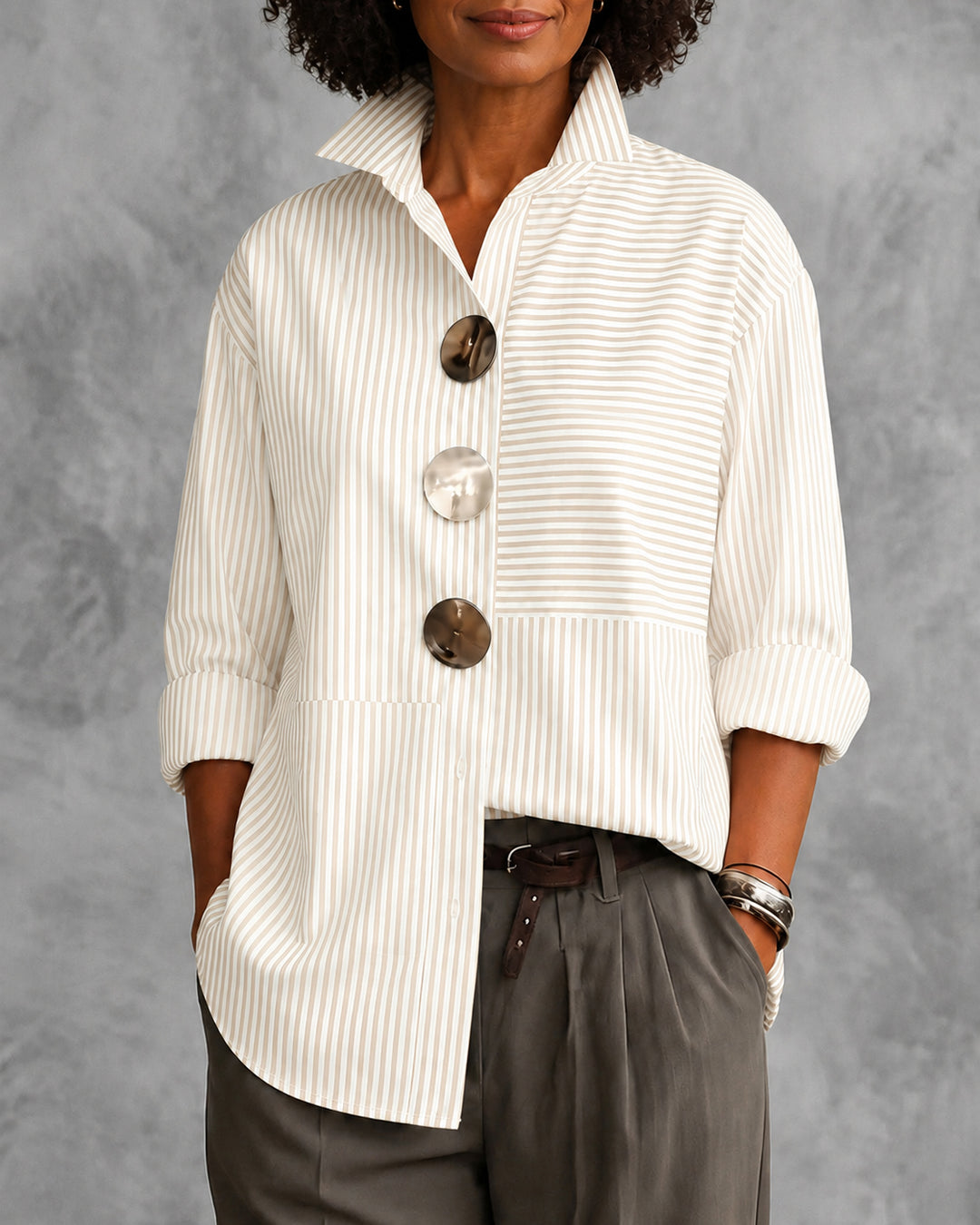 Irregular Stripes Stand Collar Long Sleeve Shirt with Metal Buttons