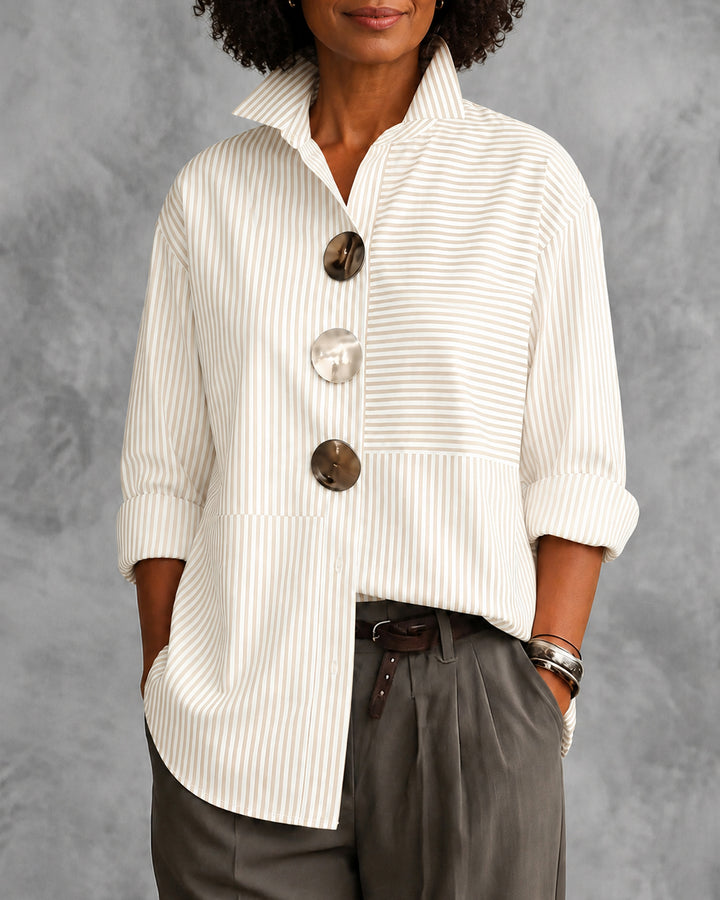 Irregular Stripes Stand Collar Long Sleeve Shirt with Metal Buttons