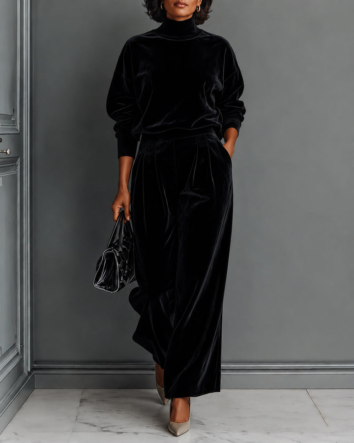 Elegant Turtleneck Velvet Top & Wide Leg Pants Two Piece Set