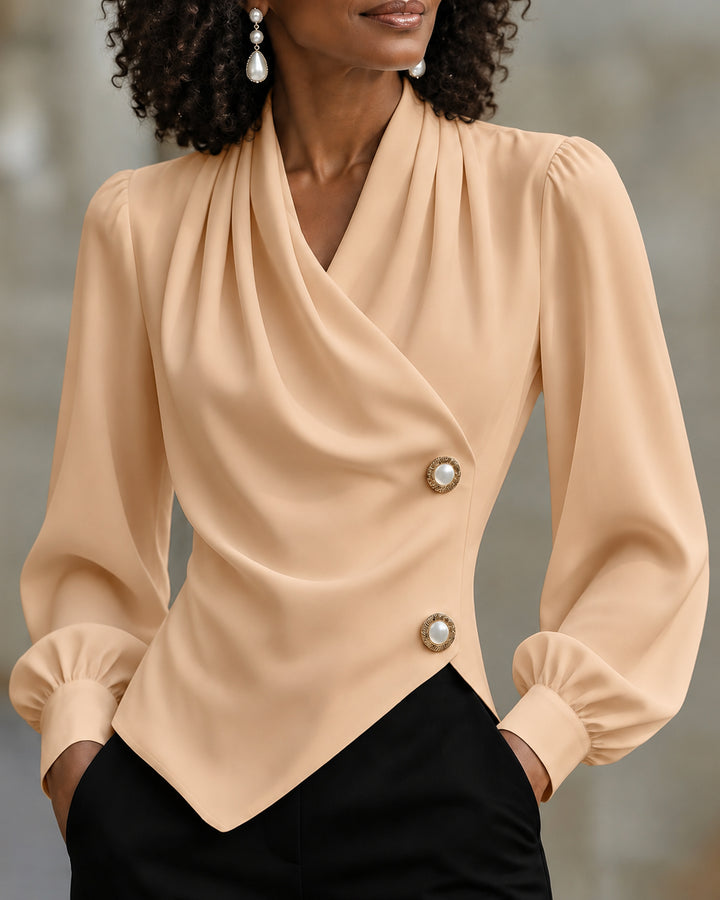 Women's Elegant Satin Draped Wrap V Neck Puff Long Sleeve Blouse