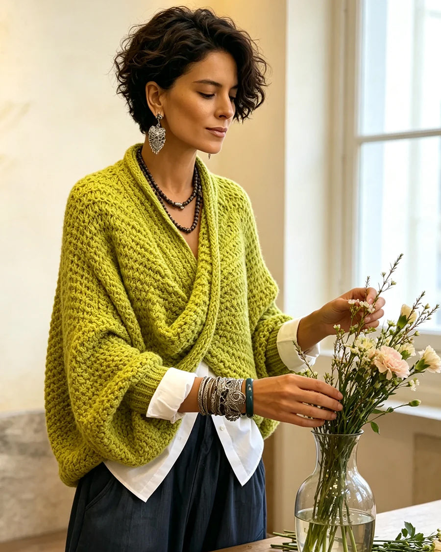 Women Cozy Relaxed Batwing Sleeves Crossover V-neck Sweater