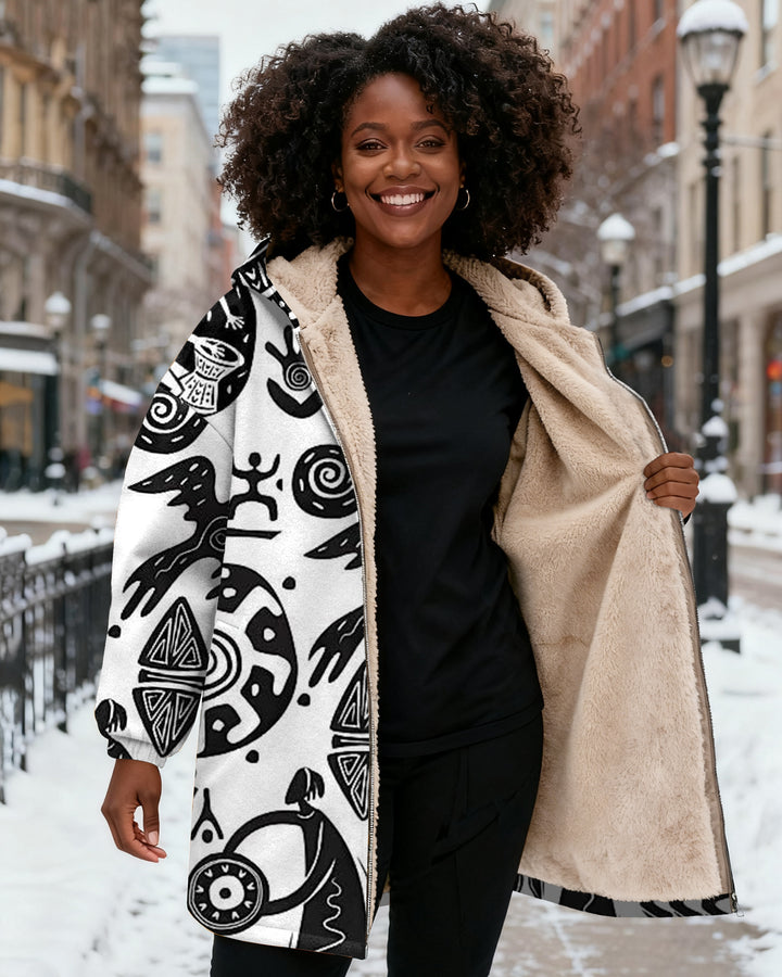 Retro Totem Prints Long Sleeve Zip-Up Fleece Long Hoodies