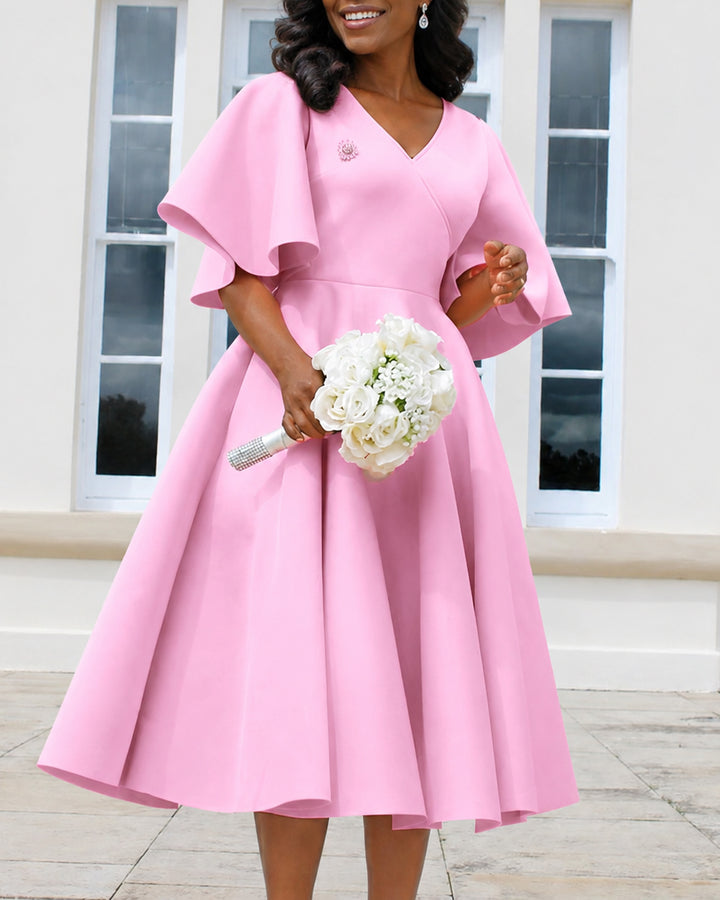 V-Neck Flared Sleeve Midi Swing Dress