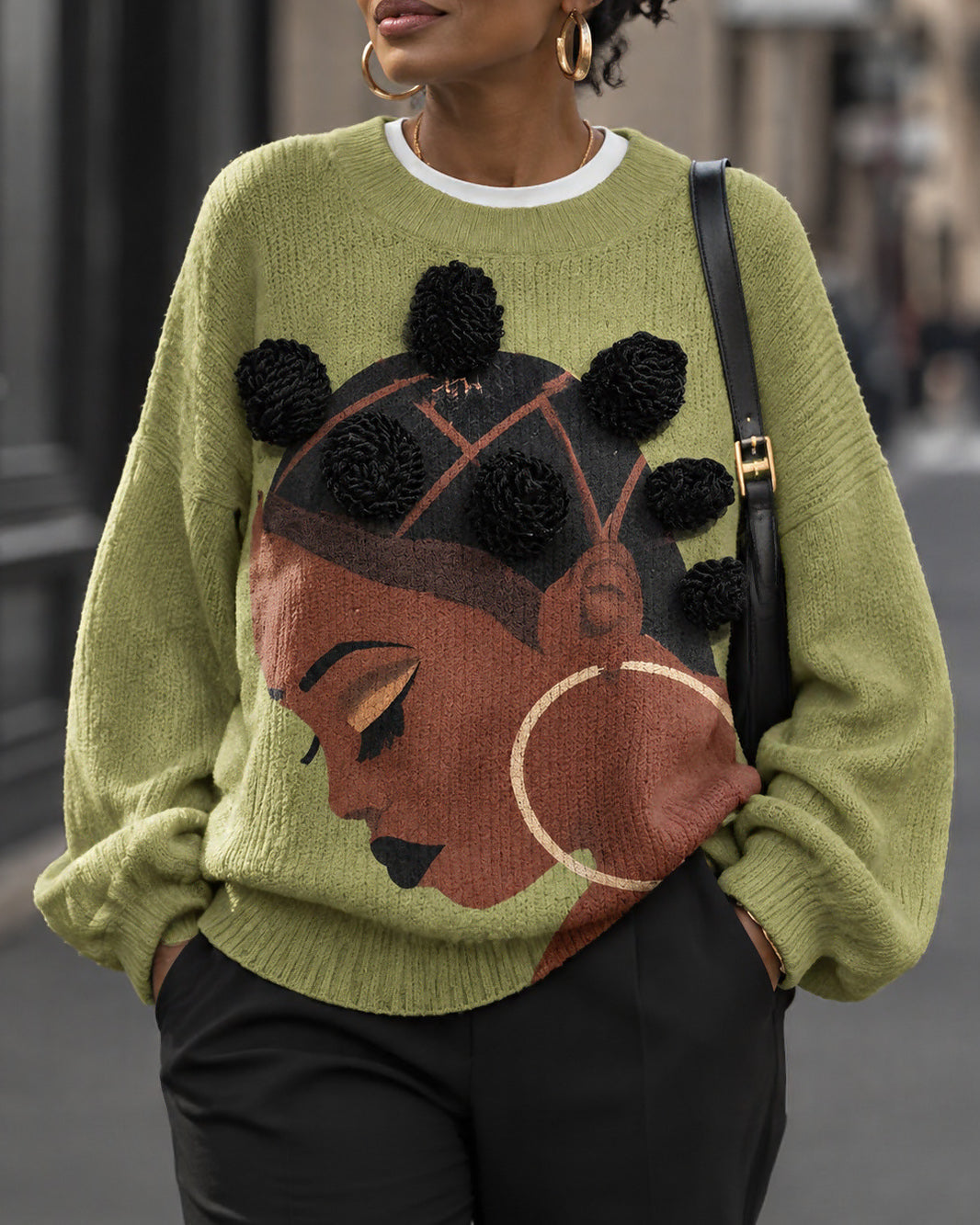 3D Pom Pom African Black Woman Portrait Print Knit Sweater