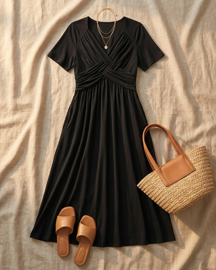 Rossover V-Neck Midi Dress with Pockets
