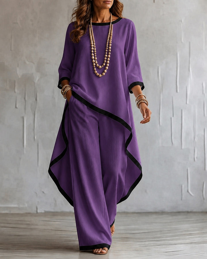 Loose Round-neck High-low Asymmetric Blouses&shirts Tops + Pockets Pants Trousers Two Pieces Set
