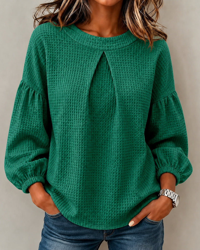 Lantern Sleeve Waffle Knit Round Neck Solid Color Long-sleeved Top