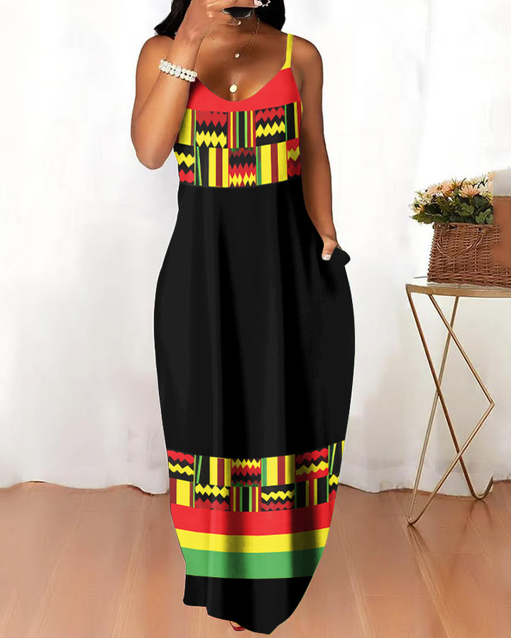 Sling Black History Month Reggae Print Pocket Maxi Dress