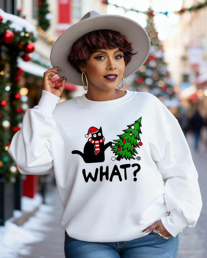 Funny Black Cat What Christmas Crewneck Long Sleeve Sweatshirt