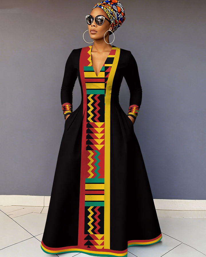 V-Neck African Geometric Reggae Stripes Color Pocket Long-Sleeved Maxi Dress