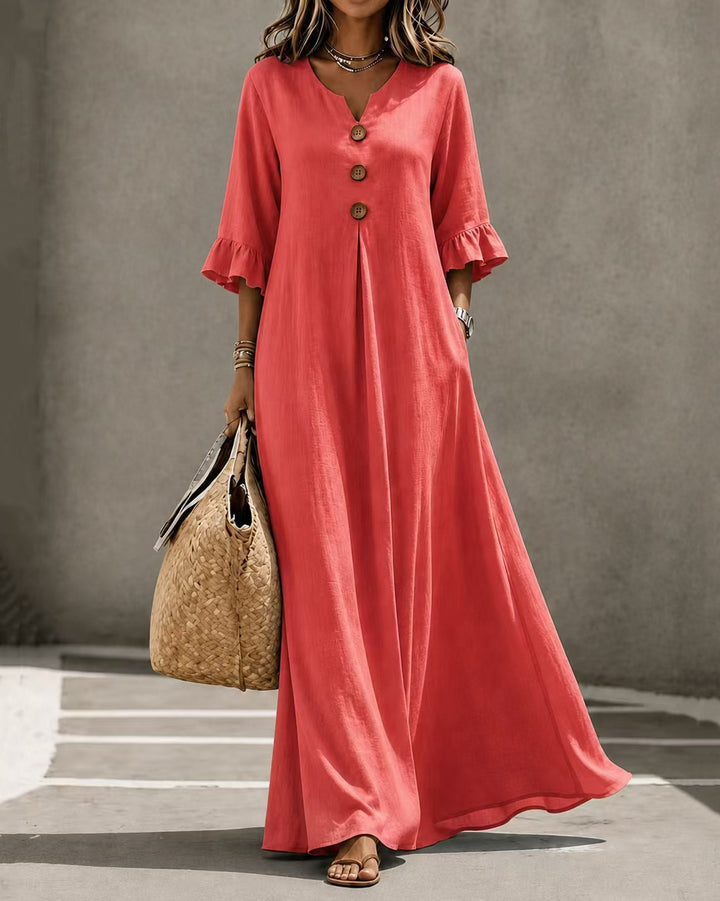 V Neck Button Ruffle Sleeve Maxi Dress With Pockets