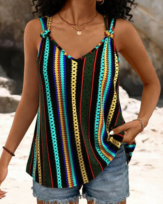 Bohemian Striped Patchwork Print Lace-up Design Casual Vest