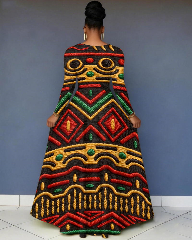 V-Neck Stripes Geometric Pocket Long-Sleeved Maxi Dress