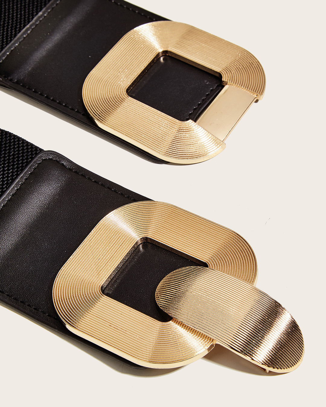 Women Wide Elastic Waist Belt Textured Gold Interlocking